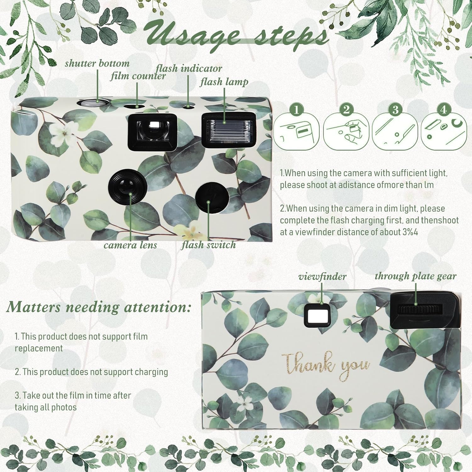Kanayu 8 Pack Bulk Disposable Camera for Wedding, 35mm Single Use Camera with Flash Disposable Cameras One Time Camera for Wedding Anniversary Party Supplies (Retro Color Film, Eucalyptus Leaves) - Image 5